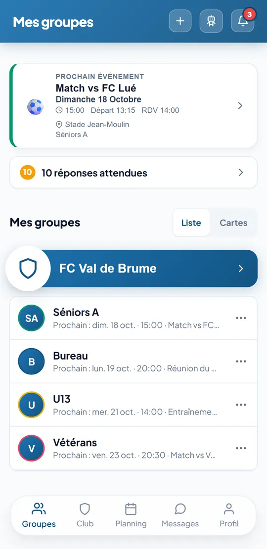Écran d'accueil de Krampon : le prochain match du dimanche avec l'heure de départ et de rendez-vous, dix réponses attendues, et la liste des groupes du club.
