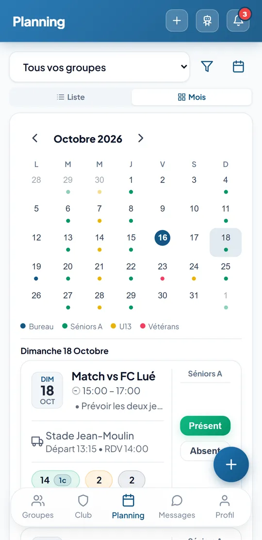 Vue du mois d'octobre : un point coloré par groupe sur chaque jour d'activité, et le détail du match du dimanche.