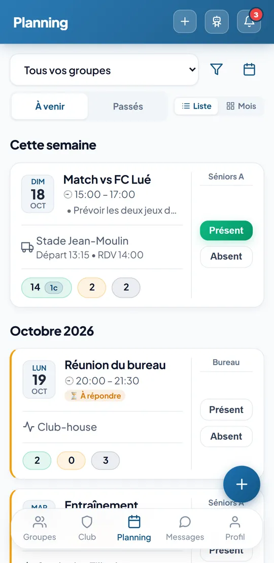 Planning de la semaine : match contre le FC Lué avec heure de départ, rendez-vous et nombre de présents, puis la réunion du bureau.